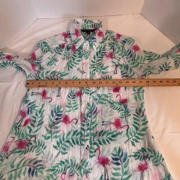 Zac & Rachel Women’s Flamingo Print Button-Up Shirt Size M Green/Pink Tropical - Picture 3 of 8